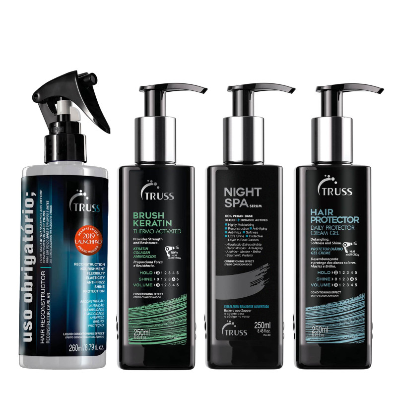 Truss Kit Night Spa 250ml + Uso Reconstrutor 260ml + Hair Protector 250ml + Leave-in Brush 250ml