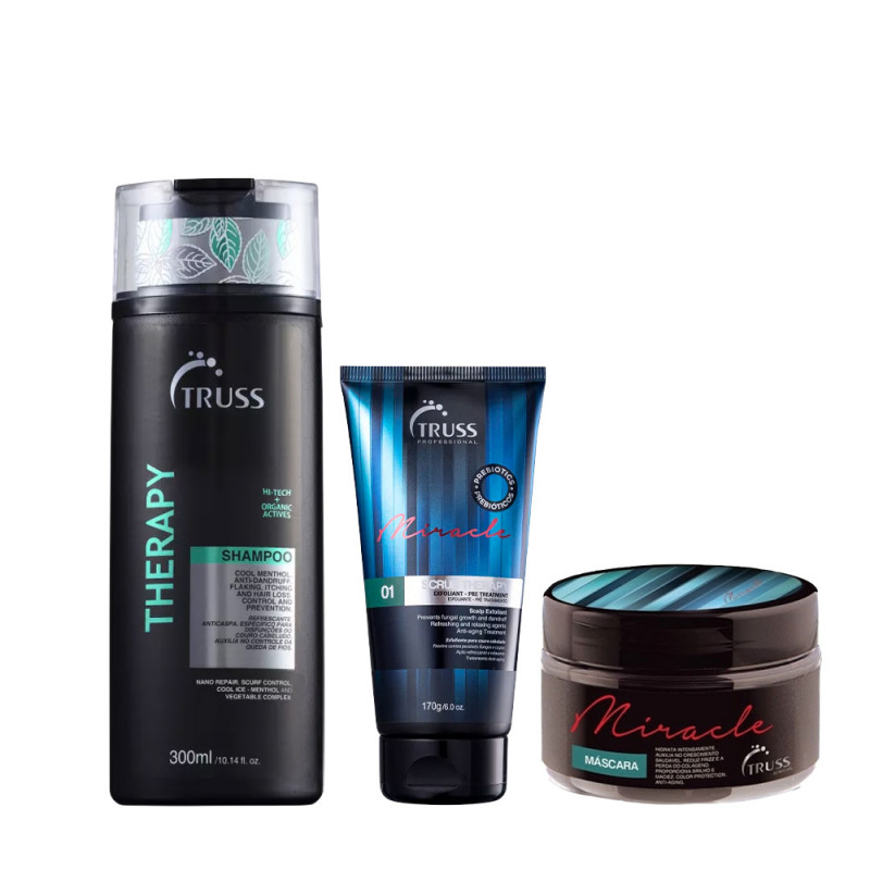 Truss Kit Therapy Shampoo 300ml + Máscara Miracle 180g + Scrub Therapy 170g 